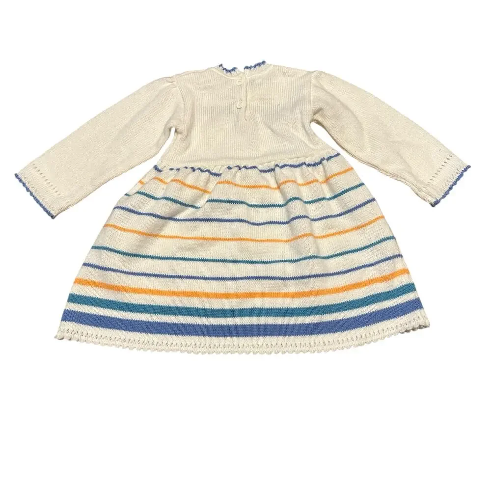 Vintage Knit Long Sleeve Dress Music Notes Toddler Size 2T Blue Yellow Stripes